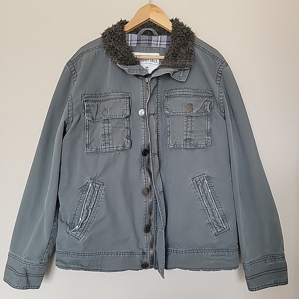 Vtg Aeropostale Mens Sherpa Collar Chore Jacket L Gray Utility Plaid Lined READ